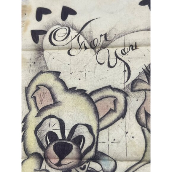 Vtg Hand-Drawn Fringed Fabric Art Teddy Bear Rose For You Text Sentimental Gift - Picture 2 of 7